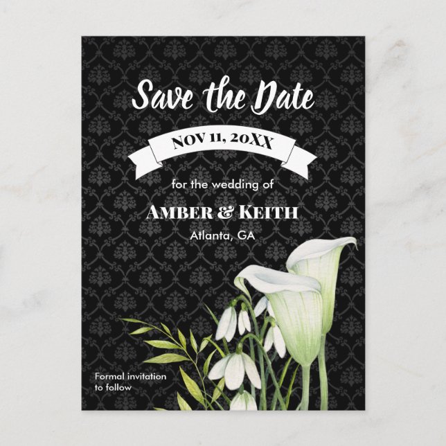 White Calla Snowdrops Wedding Save The Date Announcement Postcard (Front)