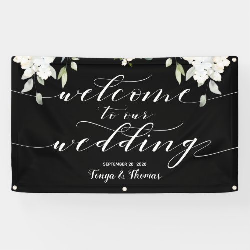 White Calligraphy Floral Black Welcome Our Wedding Banner