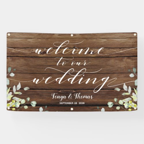 White Calligraphy Greenery Welcome To Our Wedding Banner