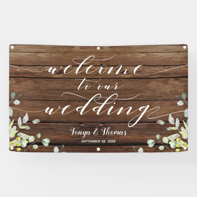 White Calligraphy Greenery Welcome To Our Wedding Banner (Horizontal)