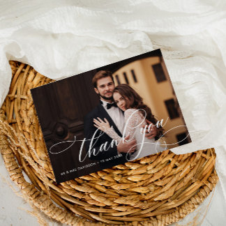 white calligraphy lettering wedding photo thank you card