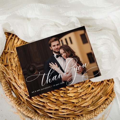 white calligraphy lettering wedding photo thank you card