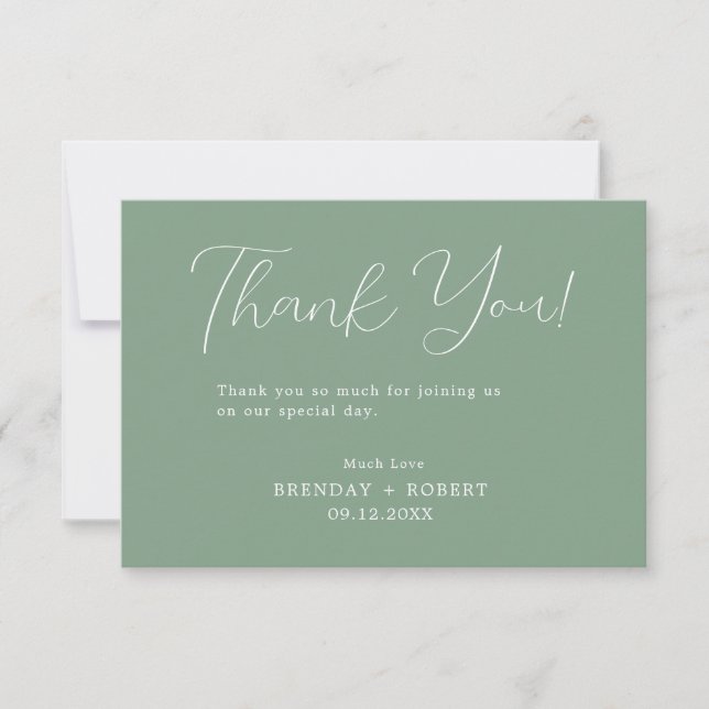 White Calligraphy On Sage Green Thank You Card (Front)