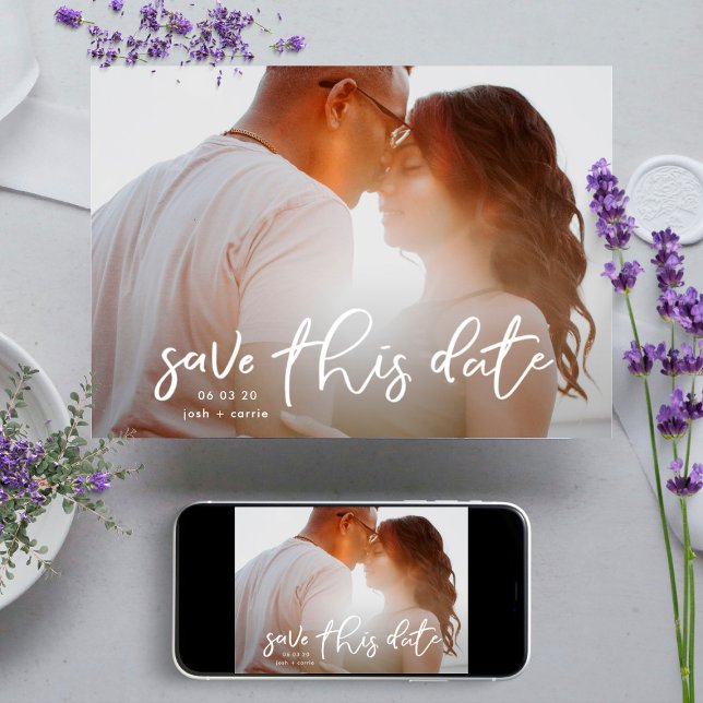 White Calligraphy Overlay Save the Date Photo Card (Creator Uploaded)