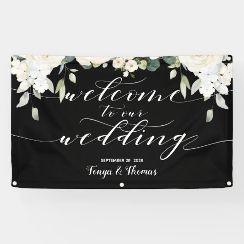 White Calligraphy Peony Black Welcome Our Wedding Banner