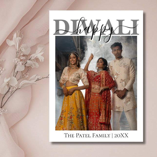 White Calligraphy Photo Happy Diwali Greeting Holiday Card (Creator Uploaded)