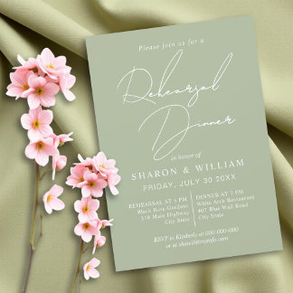 White calligraphy sage green Rehearsal Dinner Invitation