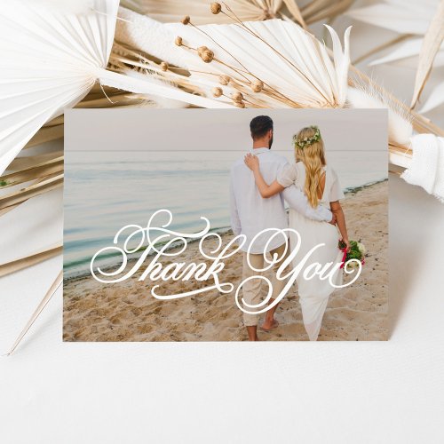 White Calligraphy Script Wedding Photo Overlay Thank You Card