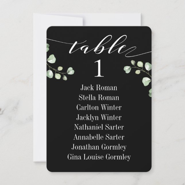 White Calligraphy Wedding Black Seating Chart Card (Front)