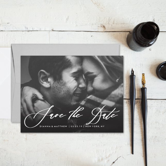 White Calligraphy Wedding Save the Date Photo Announcement Postcard (Creator Uploaded)