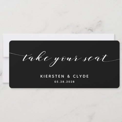 White Calligraphy Wedding Take Your Seat Top Card