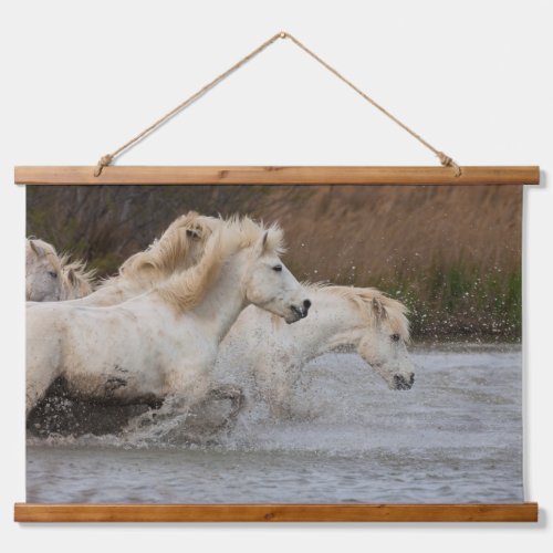 White Camargue Horses Running in Water Hanging Tapestry