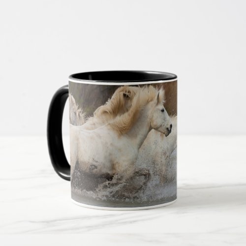 White Camargue Horses Running in Water Mug