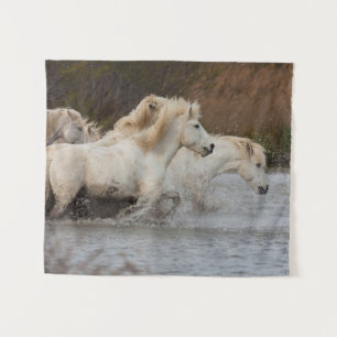 White Camargue Horses Running in Water Tapestry
