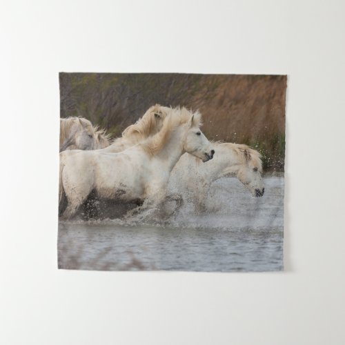 White Camargue Horses Running in Water Tapestry