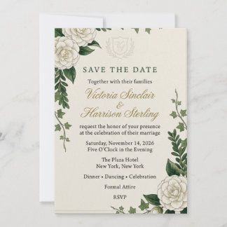 White Camellia, Ivy, and Monogram Crest Watercolor Invitation