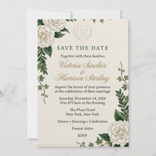 White Camellia, Ivy, and Monogram Crest Watercolor Invitation
