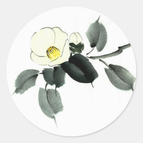 White camellia sumi ink and japanese watercolor classic round sticker