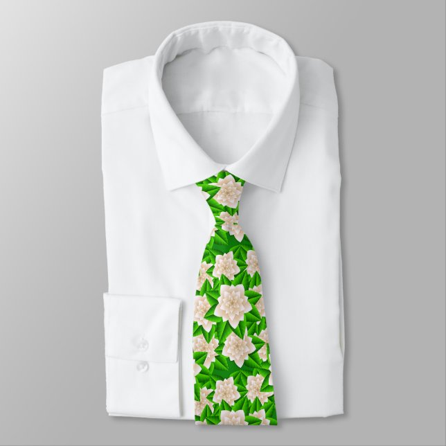 White Camellias and Green Leaves Neck Tie (Tied)