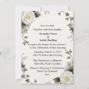 White Camellias, Ivy Leaves, Watercolor Foliage, B Invitation