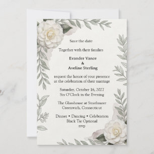White Camellias, Olive Branches, Watercolor Foliag Invitation