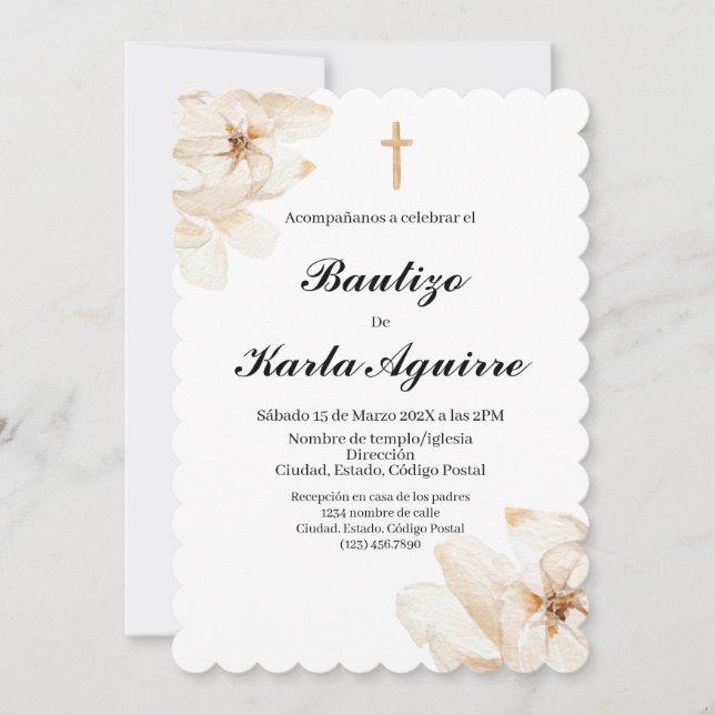 White Camilia flower baptism invitation (Front)