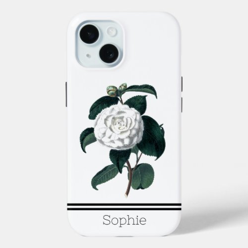 White Camillia Watercolor Custom iPhone 15 Case