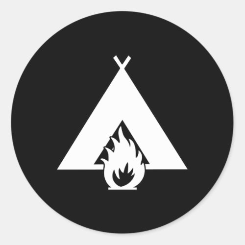 White Campfire and Tent Symbol for Dark Background Classic Round Sticker