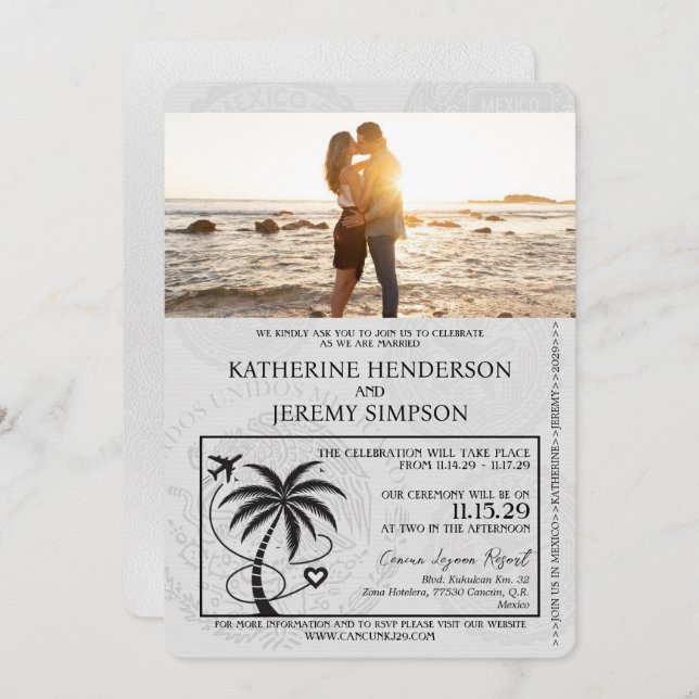 White Cancun Passport Wedding Invitation (Front/Back)