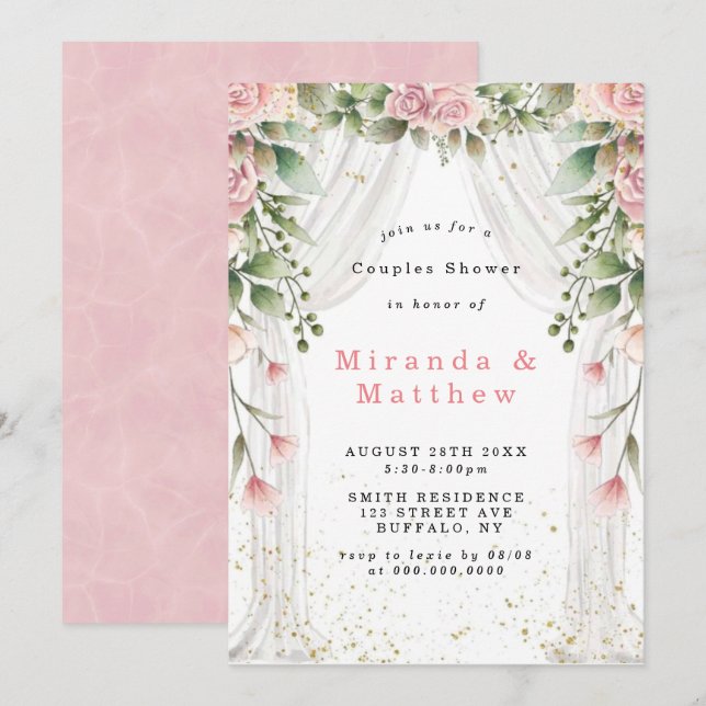 White Canopy Pink Floral Couples Shower Invites (Front/Back)