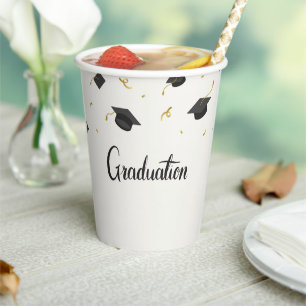 White Cap & Confetti Graduation Paper Cups