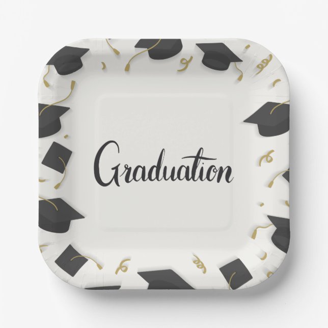 White Cap & Confetti Graduation Paper Plates (Front)