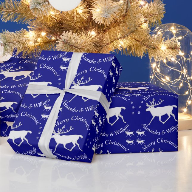 White Caribou Reindeer Christmas Custom Navy Blue Wrapping Paper (Holidays)