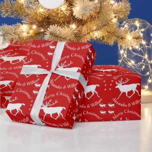 White Caribou Reindeer Christmas Custom Red Wrapping Paper