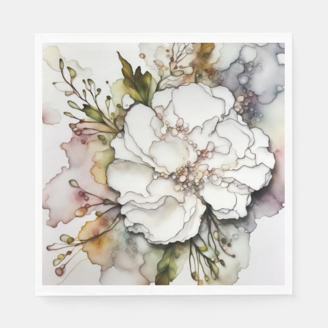 White Carnation Alcohol Ink Abstract Napkins (Front)