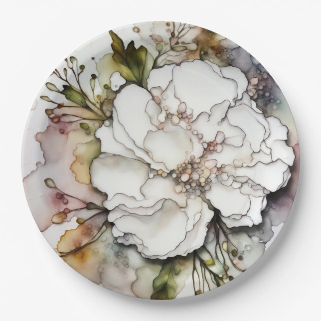 White Carnation Alcohol Ink Abstract Paper Plates (Front)