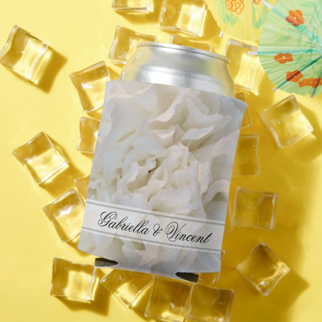 White Carnation Floral Wedding Favor Can Cooler (In Situ Summer)
