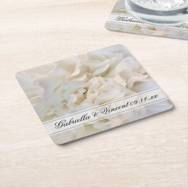 White Carnation Floral Wedding Square Paper Coaster (Angled)