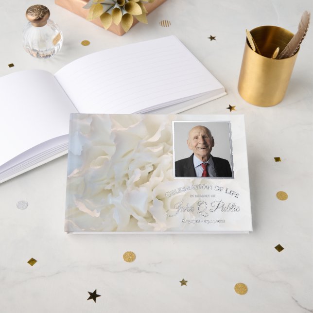 White Carnation Flowers Celebration of Life Foil Guest Book (Front Open)