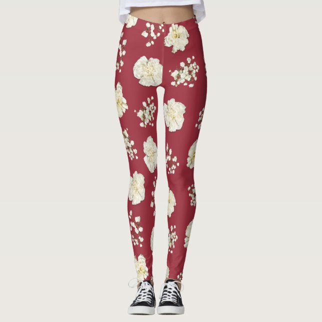 White Carnation Flowers on Red Patterned Leggings (Front)
