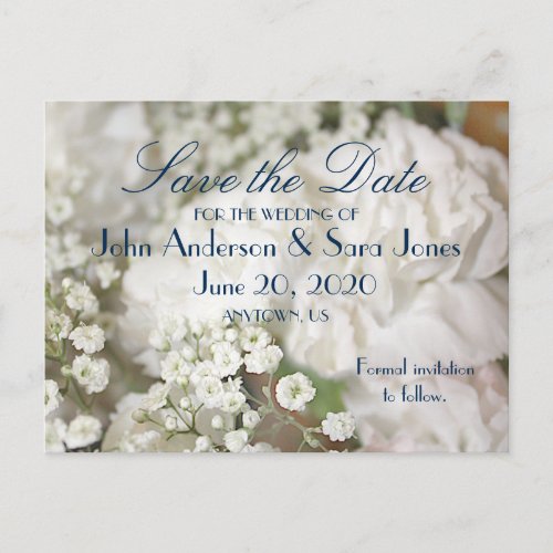 White Carnations  Babys Breath Save the Dates Announcement Postcard