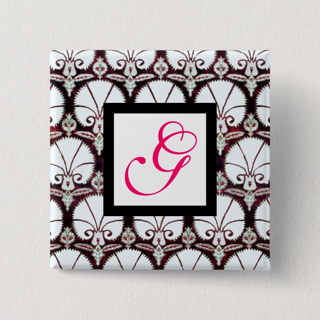 WHITE CARNATIONS DAMASK MONOGRAM pink fuchsia Pinback Button (Front)