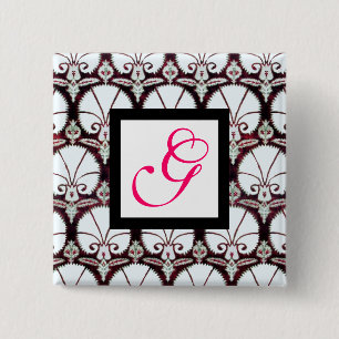 WHITE CARNATIONS DAMASK MONOGRAM pink fuchsia Pinback Button