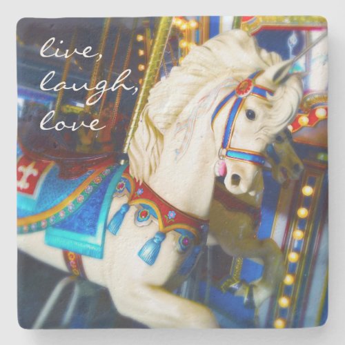 White Carousel Horse Photo Live Laugh Love Quote Stone Coaster