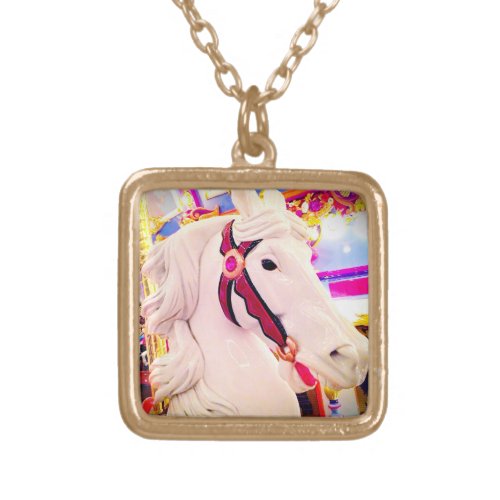 White carousel merry_go_round horse photo colorful gold plated necklace