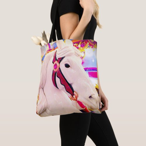 White carousel merry_go_round horse photo colorful tote bag
