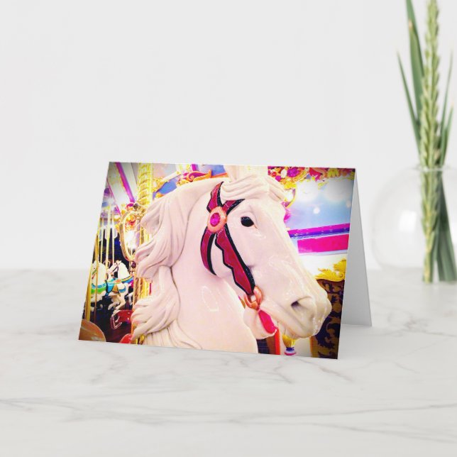 White carousel merry go round horse photography card (Front)
