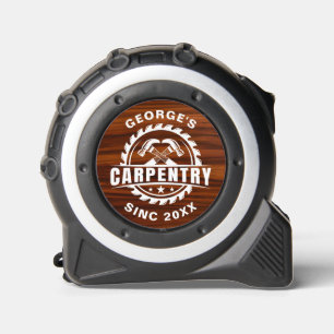 White Carpenters Logo, Custom Text, Mahogany Wood  Tape Measure