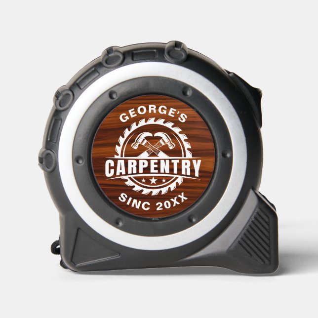 White Carpenters Logo, Custom Text, Mahogany Wood  Tape Measure (Front)