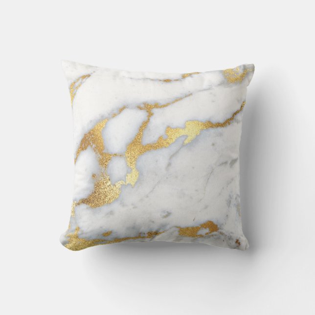 White Carrara Gold Gray Glitter Marble Stone Throw Pillow (Front)